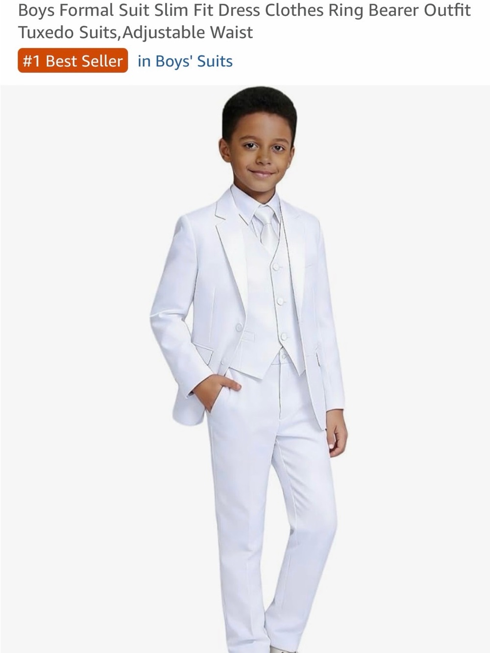 Boys White Formal Tuxedo Suit with Vest and Tie